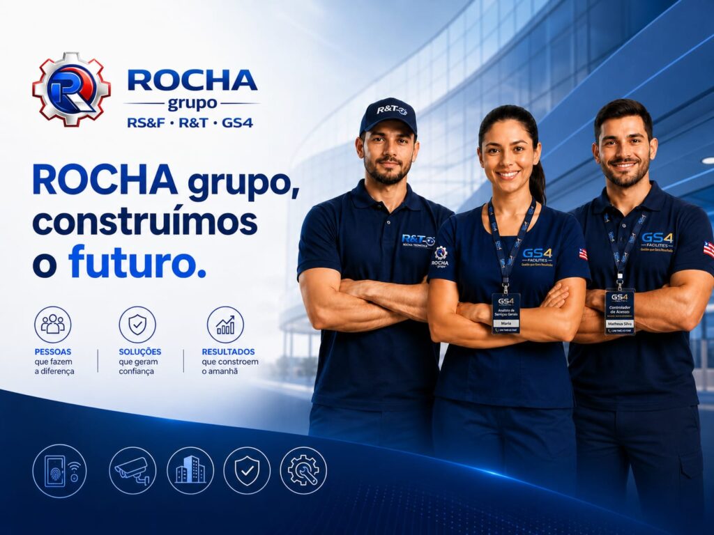 Equipe profissional do ROCHA Grupo uniformizada, representando serviços de facilities, portaria e vigilância eletrônica com foco em segurança, tecnologia e eficiência.